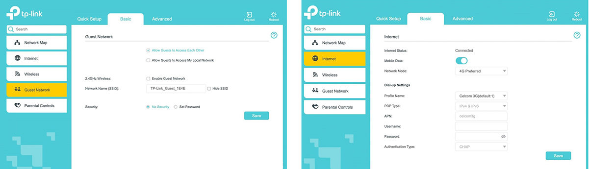 قسمت تنظیمات اینترنت و راه‌اندازی شبکه مهمان و کنترل والدین مودم TP-Link TL-MR100